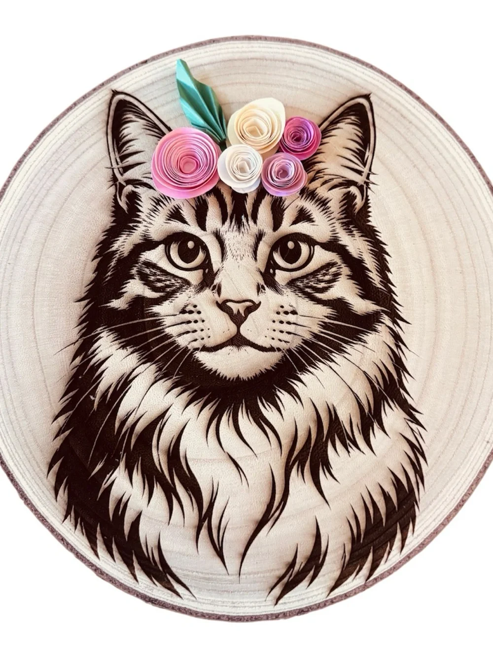 Handmade Cat Wall Art w/ Paper Flowers